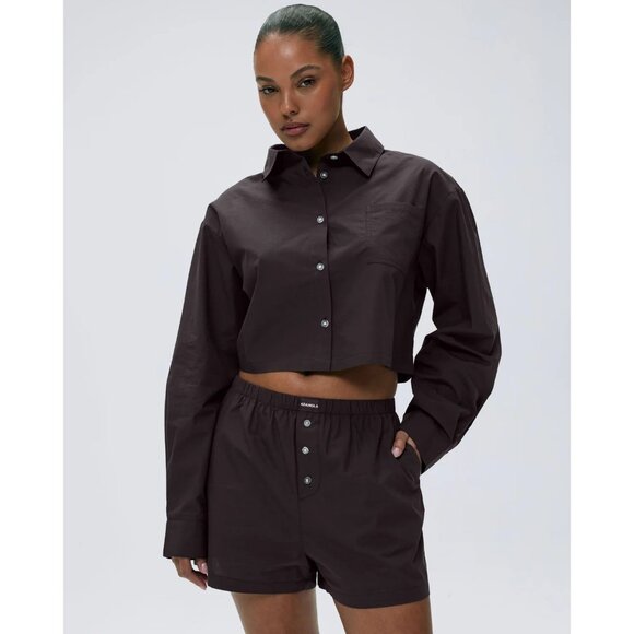 Adanola Cotton Cropped Shirt in Coffee Bean - Picture 2 of 4